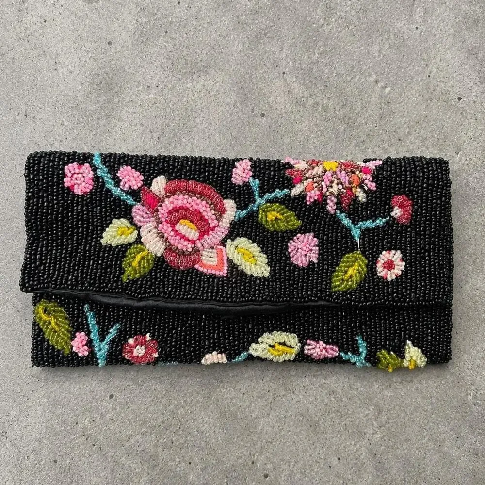 Vintage Black Beaded Floral Clutch Purse Evening Bag Boho
